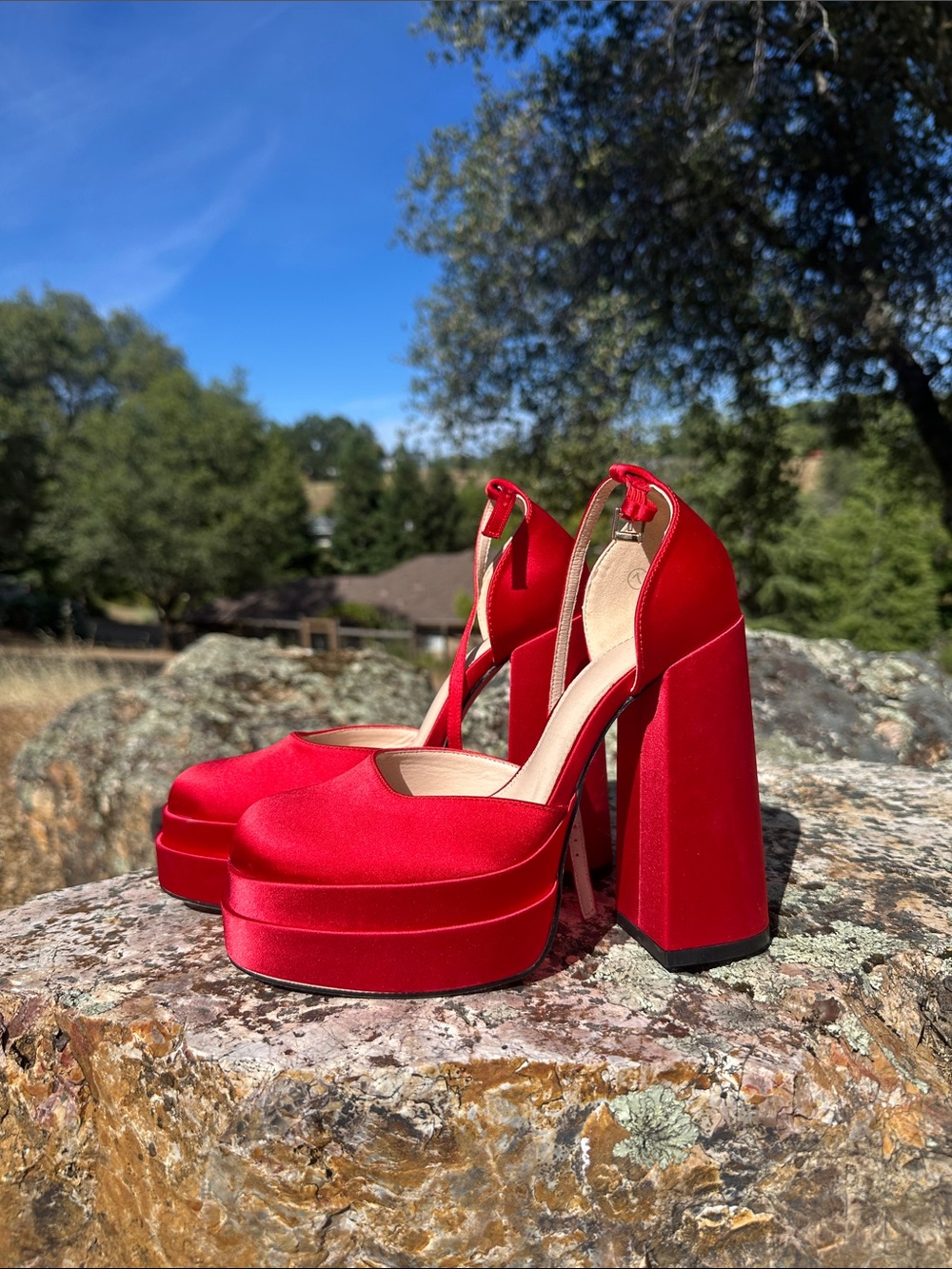 Red Platform Block Heel Mary Jane Pumps - Women's